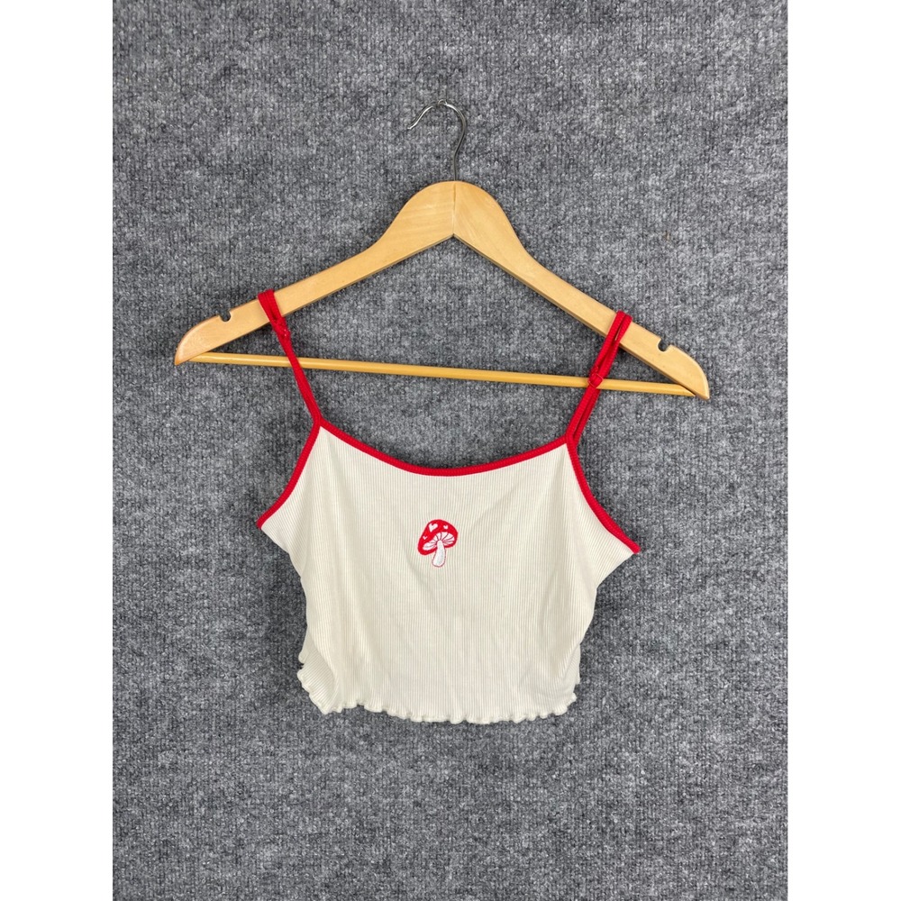 SHEIN Cami Top Womens Medium White Red Mushroom Ribbed Lettuce Hem